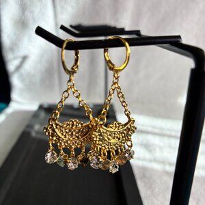 gold Indian ethnic chandelier earrings w intricate filigree clear rhinestones